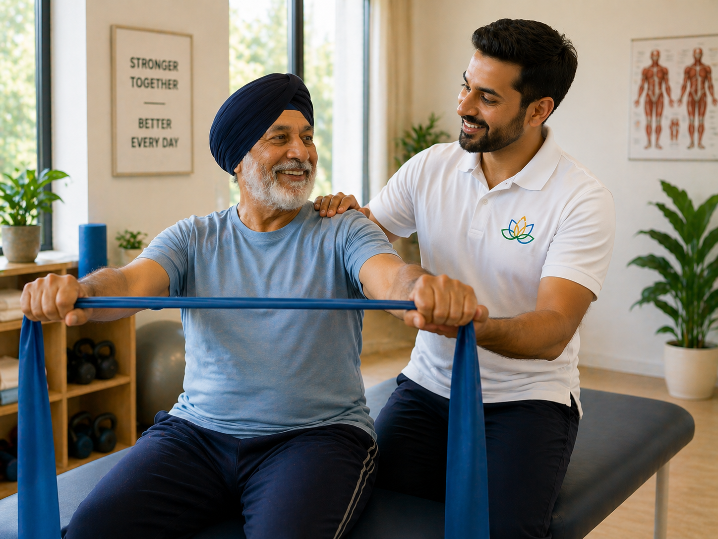 Physiotherapist supporting patient with resistance band exercise at home